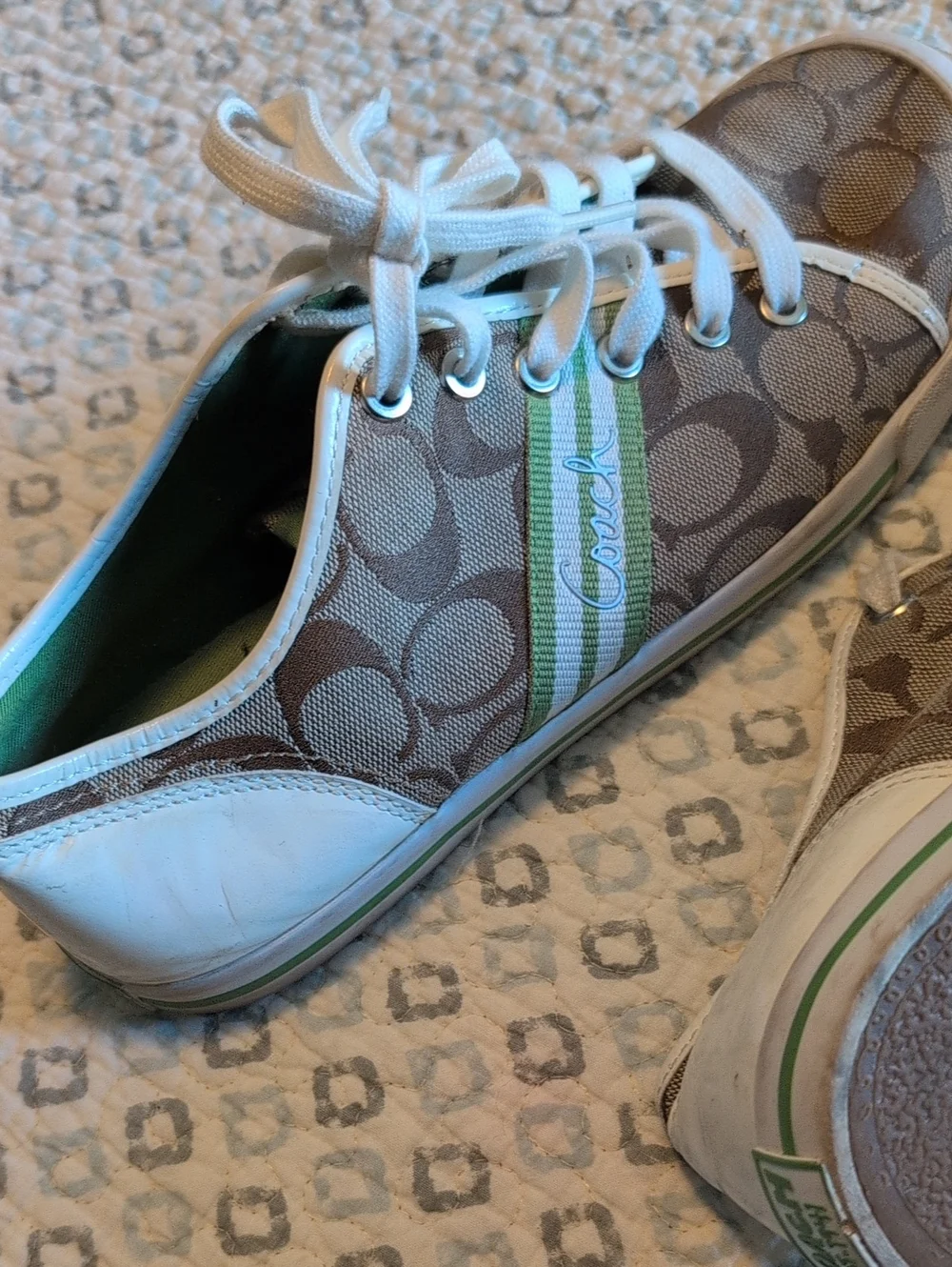 Coach Tan Signature Canvas Sneakers with Green Stripe